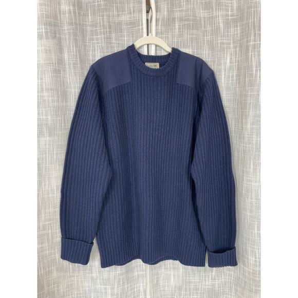 LL Bean Mens Commando Sweater Merino Wool Navy Elbow Patch Military Ribbed Heavy - Picture 1 of 16
